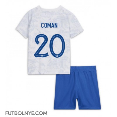 Camiseta Francia Kingsley Coman #20 Visitante Equipación para niños Mundial 2022 manga corta (+ pantalones cortos)